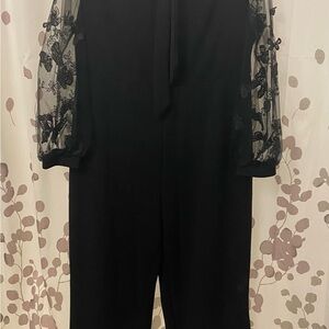 SHEIN Black Jumpsuit with Sheer Lace Sleeves with Butterflies